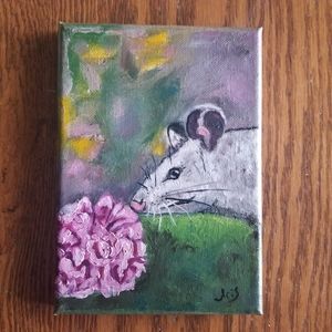Abstract oil Painting cute opossum and rose
